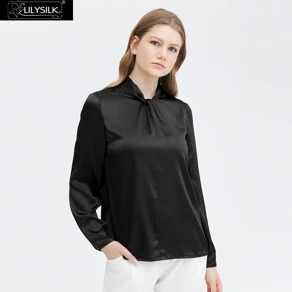 Black LilySilk шелковая блузка Очаровательная твист шеи с длинным рукавом Женская Новая - Цвет: Black