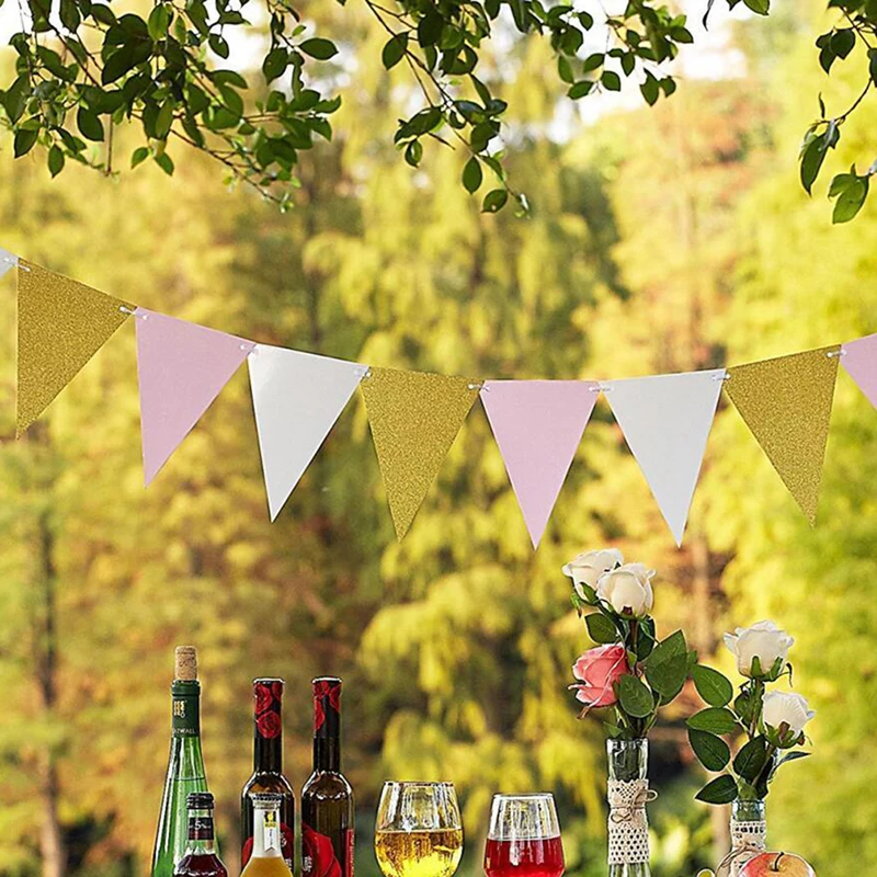 Праздничные золотые серебряные Треугольные флаги подвесные украшения блестящие