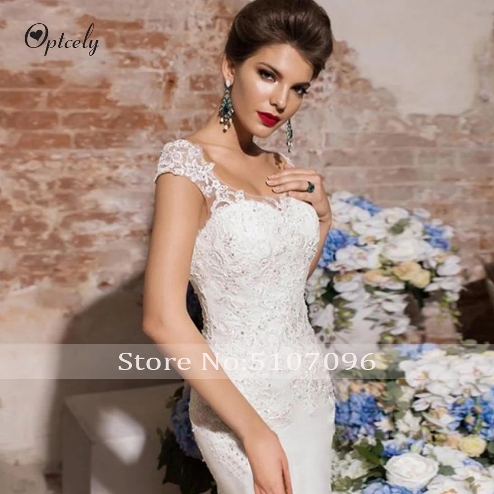 Optcely Vestido de Noiva элегантные свадебные платья Русалочки с круглым вырезом и рукавами-крылышками на пуговицах, с аппликацией в виде поезда, с бисером, с коротким шлейфом