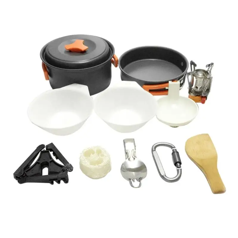 

11pcs/set Portable 1-2 Persons Cookware Kit Stove Pot Spoon Bowl Carabiner Canister Stand Tripod for Outdoor Camping Windshelter