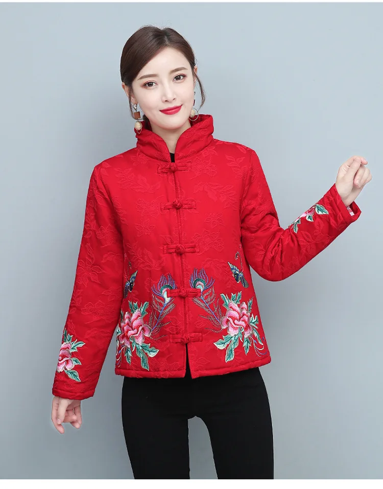 New Winter Style Retro National Wind Machine Embroidery Jacquard Frog Stand Collar Padded Thick Long Sleeve Small Cotton-Pa