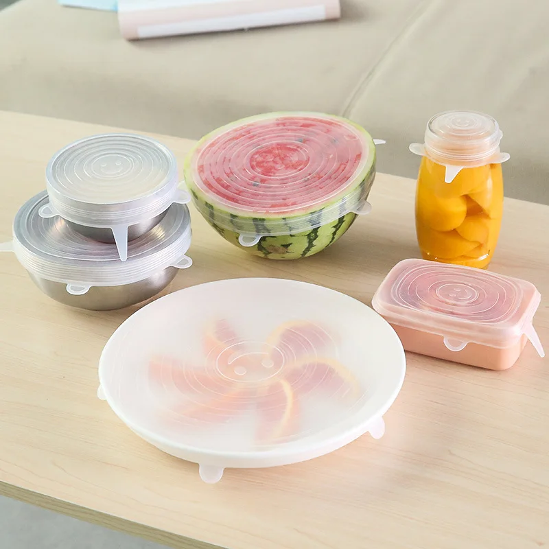 6Pcs Reusable Silicone Food Fresh Cover Food Grade Bowl Lid Wrap Fruit Vegetable Fresh-keeping Lids Pan Cooking Kitchen Stoppers