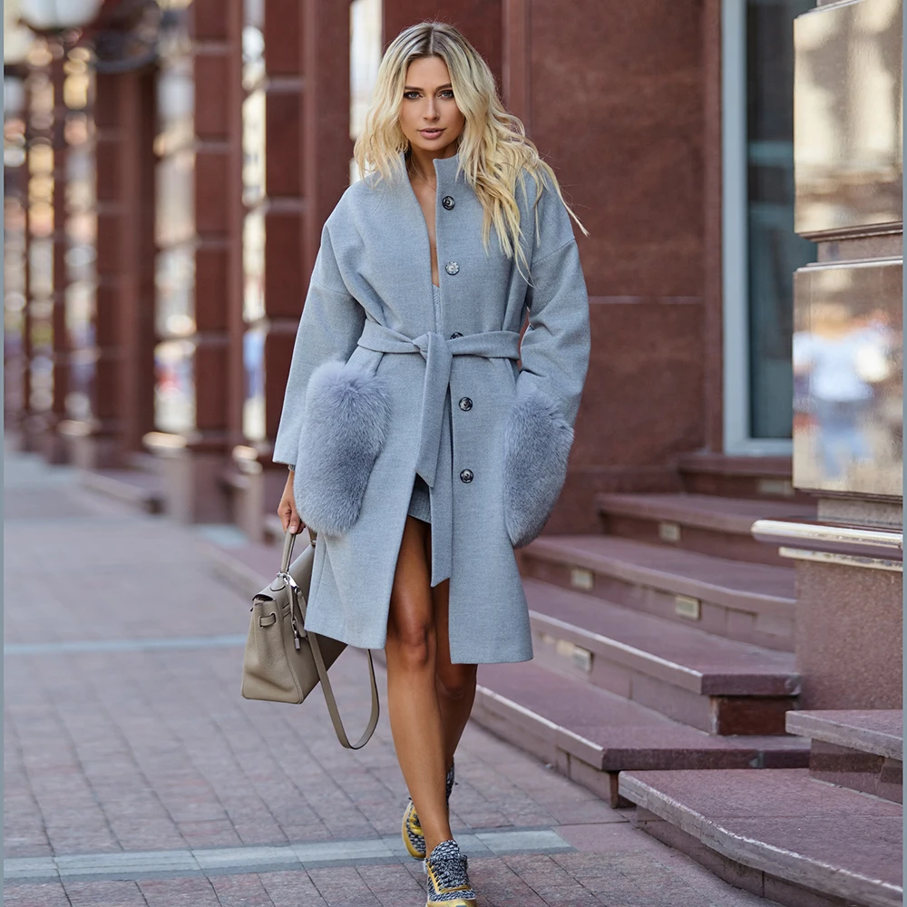FURSARCAR 2021 New Winter & Autumn Women Luxury Cashmere Coat Nature Fox Fur Collar Pocket Wool Blend Real Leather Jacket