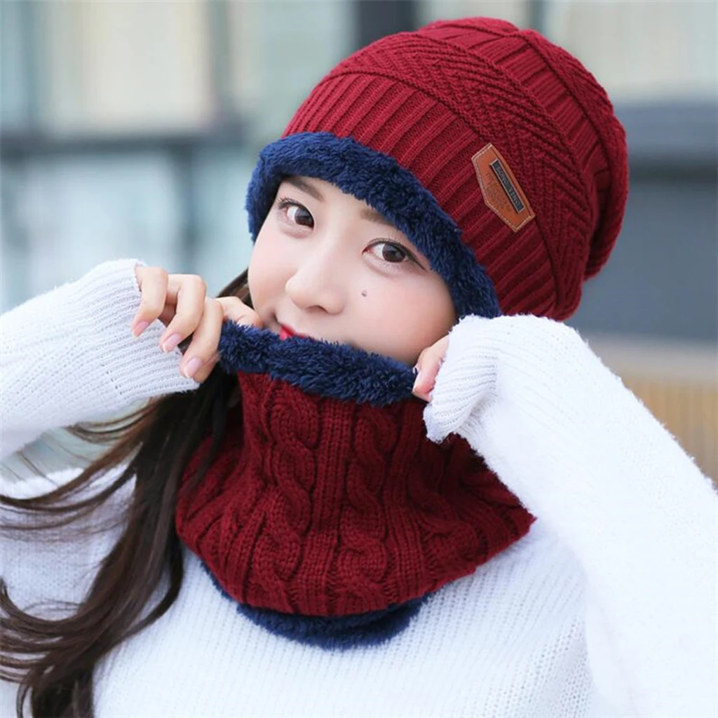 2PCS Men's Women's 2 Sided Beanie Winter Warm Knit Ski Knitted Scarf Hat Windproof Couple Hat Slouchy Hats with Pom Scarves