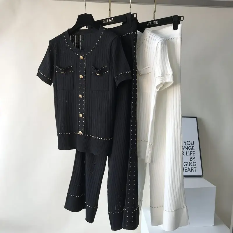 

Women Autumn Hollow Out Cardigans Pants Suits Knit Long Sleeve Single Breasted Sweaters Trousers Sets for Elegant Woman