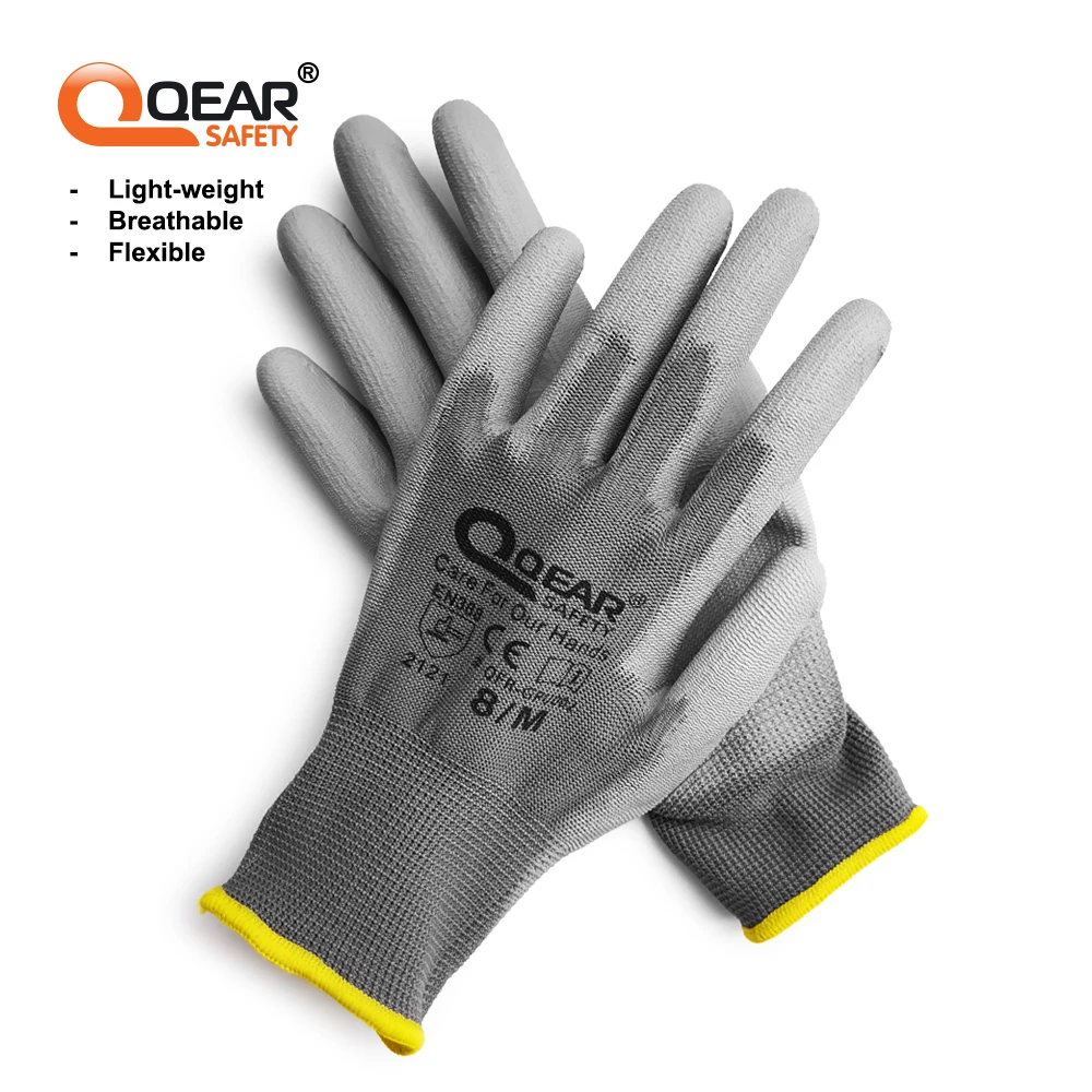 QEARSAFETY PU 얇은 작업 안전 장갑, 다기능, 경량, 미끄럼 방지, 통기성, 손에 딱 맞고 부드러움, 12 쌍