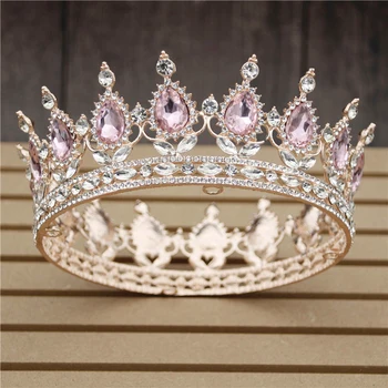 

Gorgeous Pink Crystal Wedding Crown Rose Gold Flower Tiaras and Crowns Royal Queen King Bridal Diadem Hair Jewelry Pageant