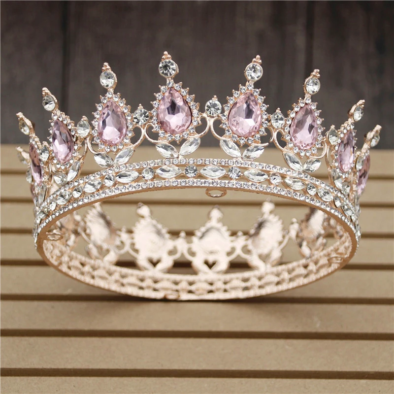 Hermosa corona de boda de cristal rosa, Tiaras y coronas de flores de