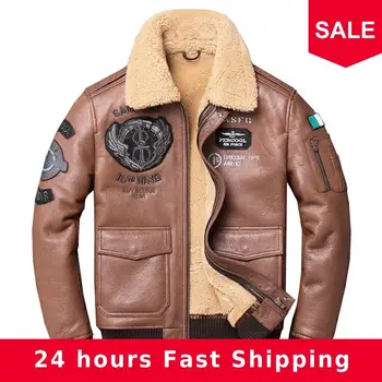 

2020 Brown Men Military Pilot Shearling Coat Large Size XXXXL Genuine Sheepskin Winer Thick Slim Fit Shearling Jacket