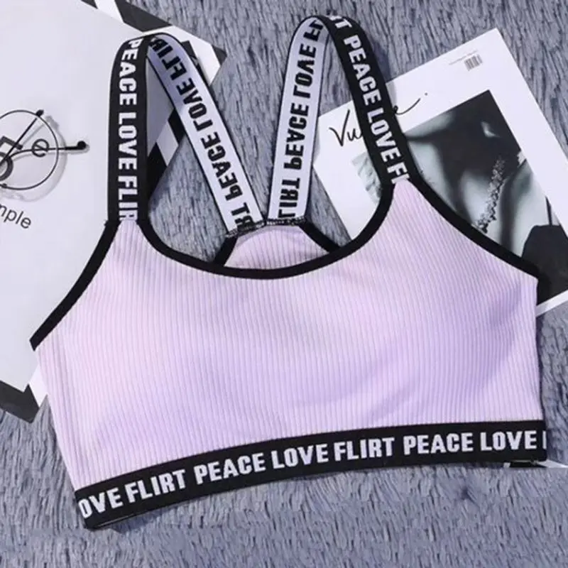 Фиолетовый Wide Shoulder Strap Stretch Bra Sexy Cotton Bra Women Knitted Letter Printing Bras - Цвет: Фиолетовый
