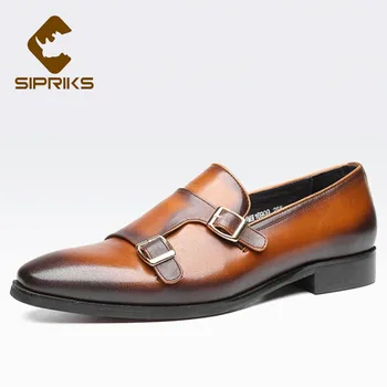 

SIPRIKS Mens Genuine Leather Shoes Double Monk Straps Brown Black Gents Suits Shoes Classic Blake Wedding Business Male Boss 44