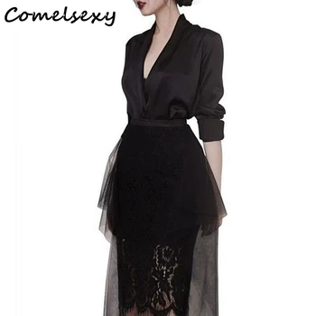 

2019 Spring Black Sexy Deep V Neck Blazer Long Coat +fashion Irregular Lace Patchwork Mesh Skirt Suits Women 2 Piece Set Dress