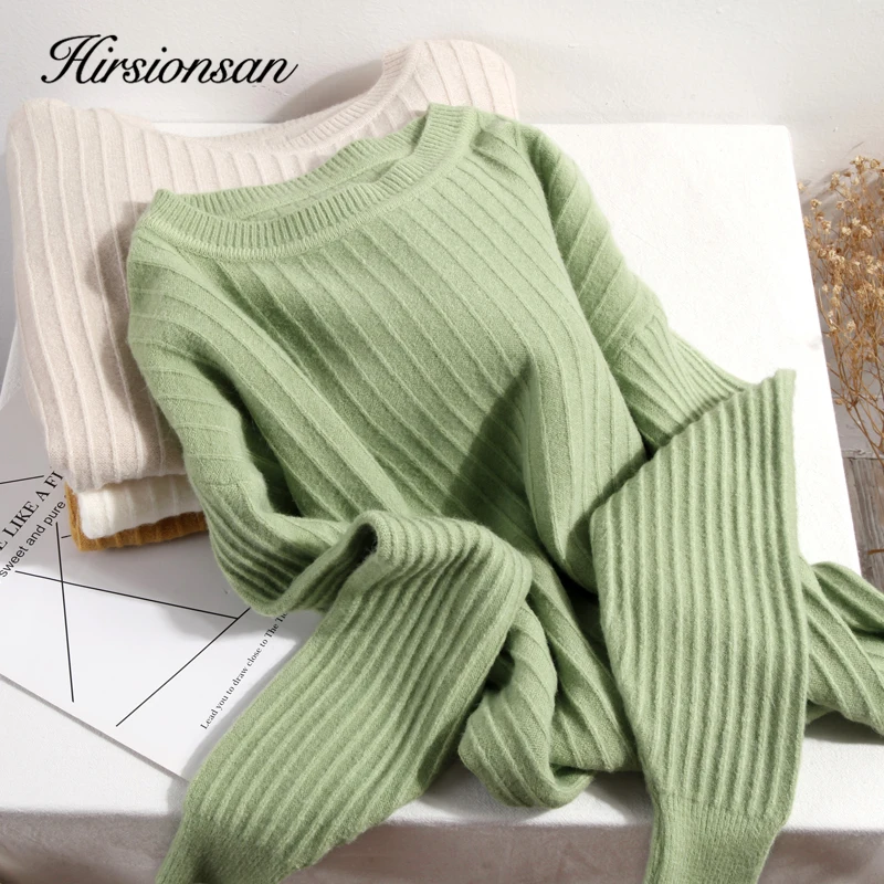 

Hirsionsan Cashmere Sweater Women Soft Wool Thick Knitted Pullovers 2019 Winter Solid Color Stripes Casual Femme Clothes
