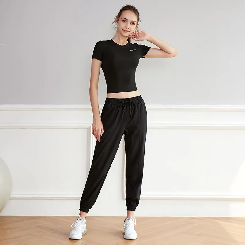 2 Pcs Summer Women Sport Set Yoga Shirt Short Sleeve Running Fitness T-Shirts Gym Tops Clothes Breathable Tight Legging Set