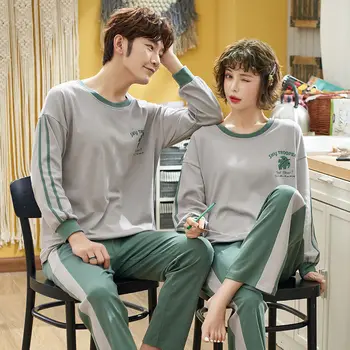 

Couple 's Pajamas Autumn Cotton Long-Sleeved Leisure Tops Korean -Style Women 's Cute Two Piece Suit Men 's Spring and Autumn