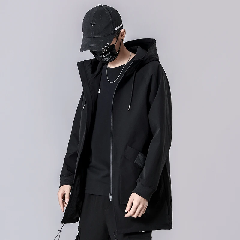 

Fashion Men's Windbreaker Mid-length Man Coat With Hoodie Youth Spring Autumn Jacket Top Streetwear Hip Hop M-8XL