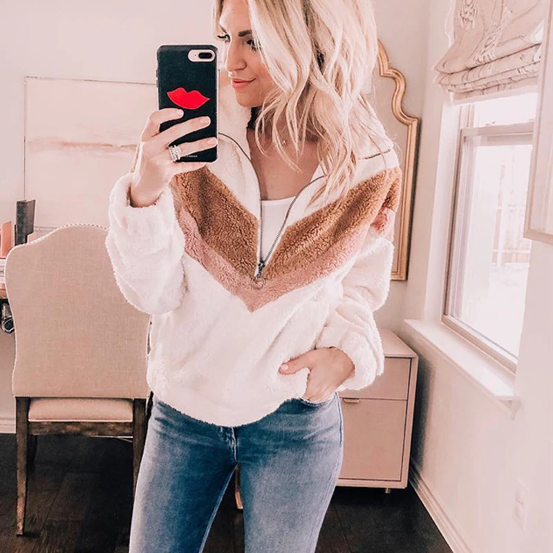 

New Women Winter Warm Sweatshirt Long Sleeve Fleece Zip Hoodies Ladies Loose Pullover Top Autumn Streetwear