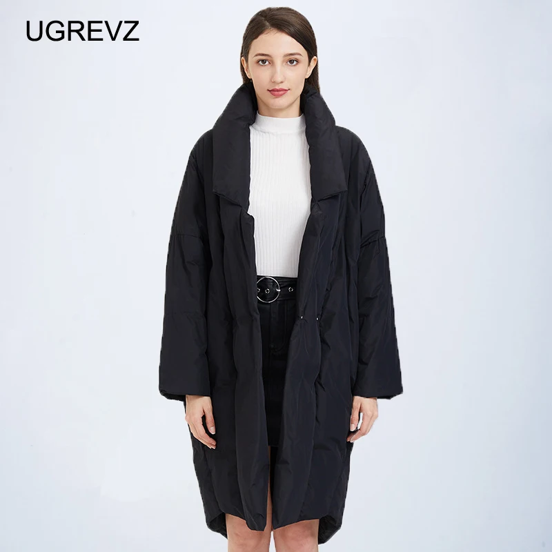 

2019 Winter Jacket Women Elegant Turn UGREVZ Down Collar Office Lady Goose Down Jackets Long Style Warm Loose Female Overcoat
