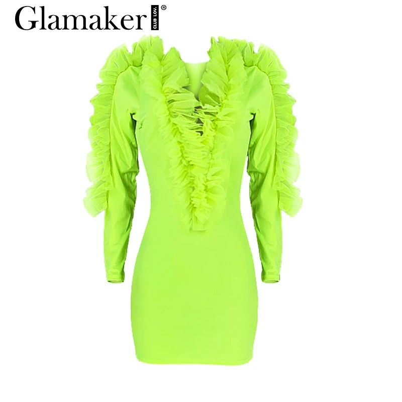 Glamaker неоновая зеленая, сетчатая зимняя одежда с оборками, женское элегантное платье с v-образным вырезом, большие размеры, вечерние Клубные платья с длинным рукавом, женское облегающее платье - Цвет: Neon green