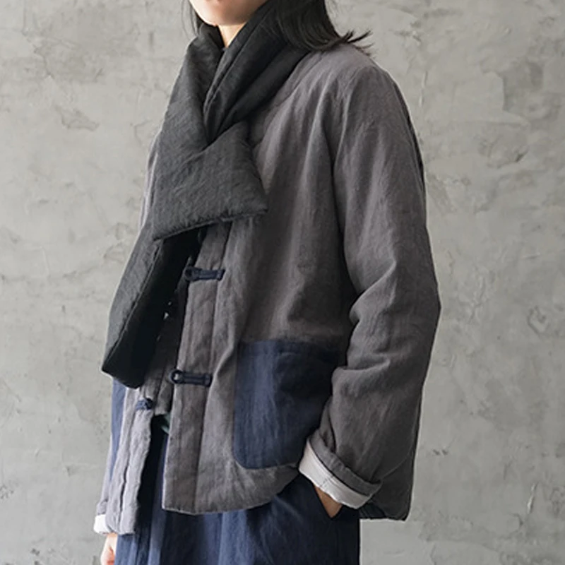 Johnature New Retro Plate Buckle Patchwork Pockets Cotton Linen Warm Cotton Coat Winter Solid Color All-match Women Coats