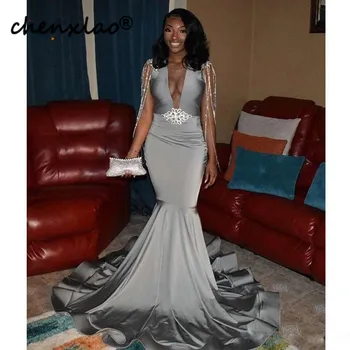 

Grey V-Neck Mermaid Evening Dresses Crystal Sashes Tassel Prom Gown Elastic Satin Sweep Train Evening Gowns