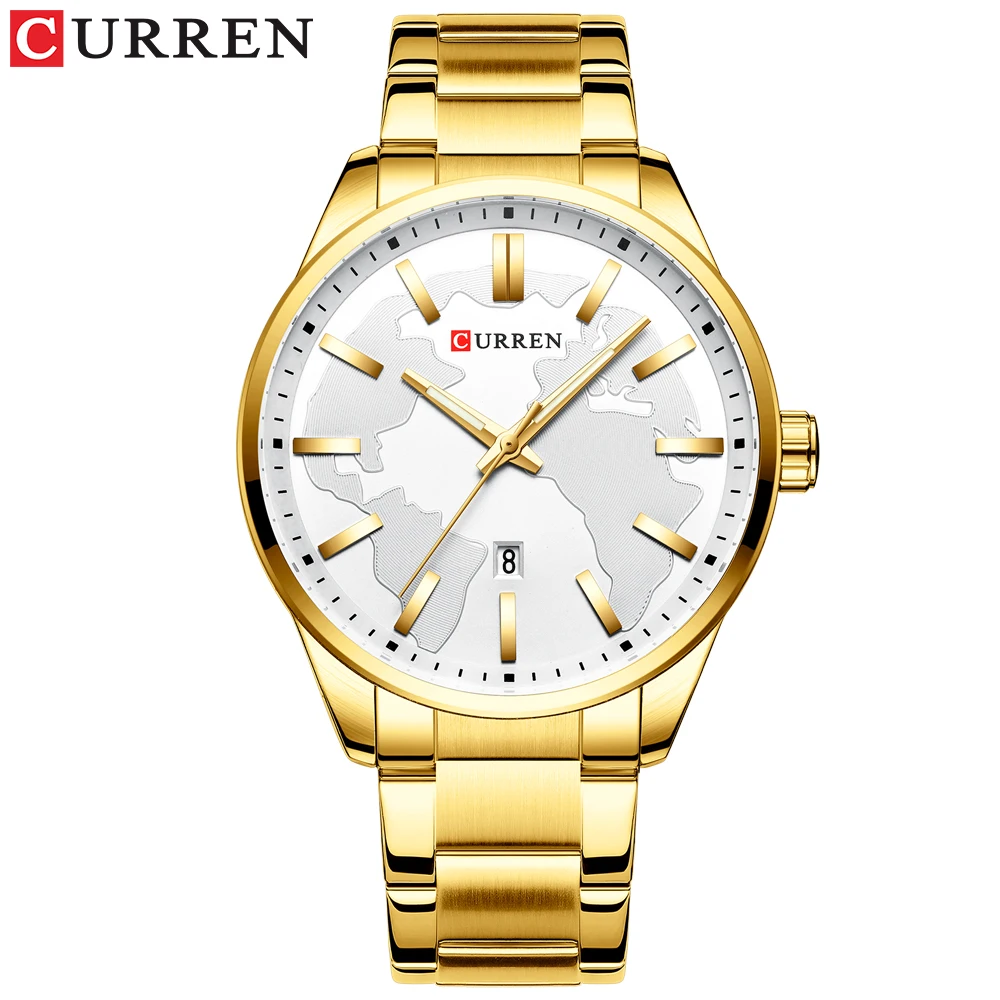 Top Fashion Brand CURREN New Quartz Watches for Men Unique Dial Business Stainless Steel Band Gentlemen's Wristwatch Clock Male - Color: gold white