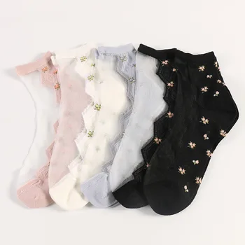 

New Spring Harajuku Sweet Floral Candy Color Cotton Glass Women Socks Femme Ultra Thin Flowers Transparent Meias Socks Women