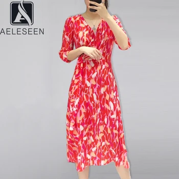 

AELESEEN Spring Summer Dress Women's Half Sleeve Runway Fashion Dress Red Flower Print V-Neck Draped Belt Diamonds Long Dress