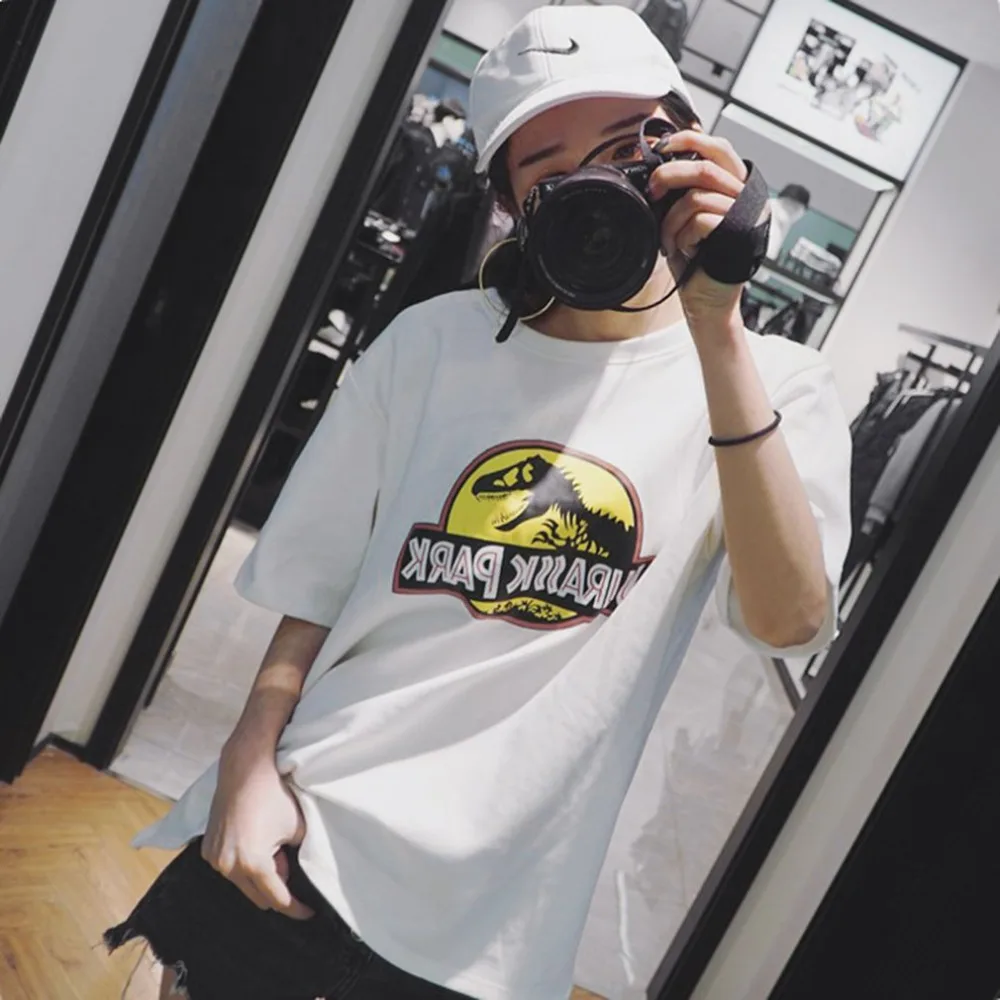 Summer Women Funny Tshirts Dinosaur Pattern Letter Print Cotton Short Sleeve Female Tee Tops Casual Loose Type Top Shirts