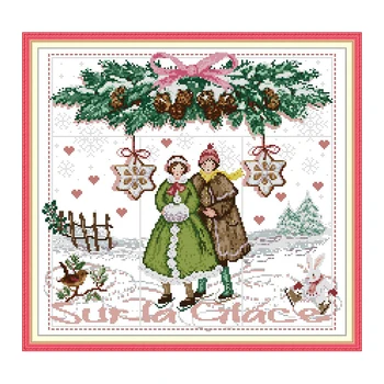 

Joy Sunday Cross Stitch Stamped Kits Skating Couple Patterns 14CT 11CT Printed Cross Stitch Handmade Embroidery Needlework Sets