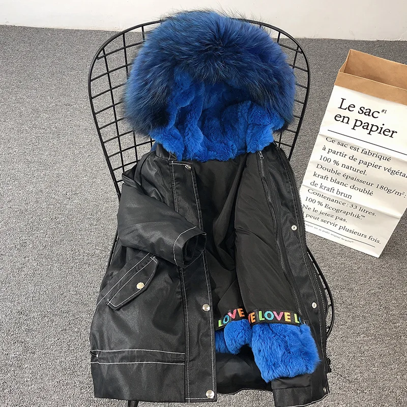 black w blue fur 1906 Новая модная зимняя одежда для мальчиков и девочек, пальто с натуральным мехом, длинное пальто с капюшоном с кроличьим мехом - Цвет: black w blue fur