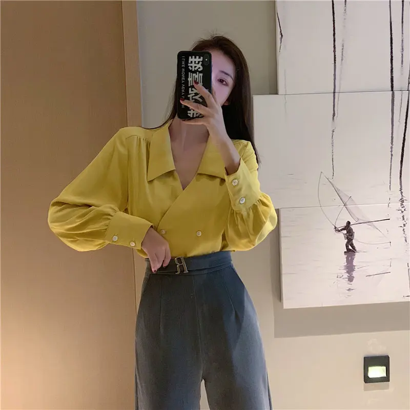 

Hot Elegant Simple Fresh Casual Solid Loose Spring Double Breasted Female Sweet Long Sleeves Chiffon Shirt 2 Colors