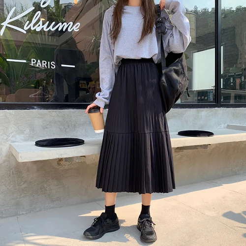 Черный Faldas mujer moda юбка с завышенной талией в стиле ампир, до середины икры, плиссированная, консервативный стиль, весна-осень, Популярная Корейская женская одежда, женская одежда, новинка - Цвет: Черный