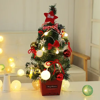 

Mini Christmas tree 50cm desktop with lamp ornaments plush ball doll bow golden red Christmas tree set