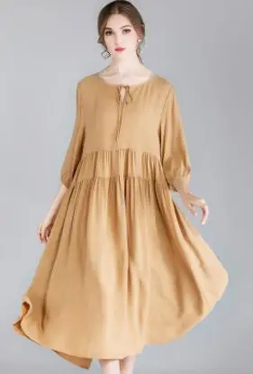 Khaki JRY Новое Осеннее женское модное платье круглый воротник с коротким рукавом женский Одноцветный Плиссированное Повседневное платье с поясом на шнуровке - Цвет: Khaki