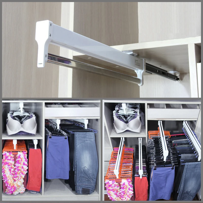Clothes rack pants rack stainless steel hanging rod Heavy Duty Pull-Out Closet Valet Rod Adjustable Wardrobe Clothing Rail Top Mount Wardrobe Hanger Rack Bar Ball Bearing Slide