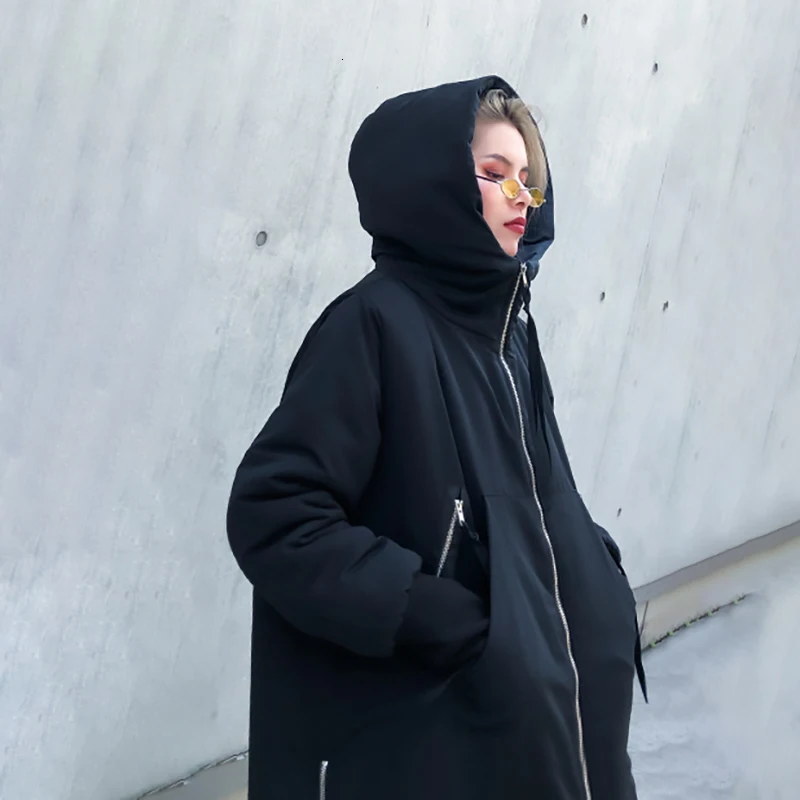 [EAM] Black Big Size Hooded Cotton-padded Coat Long Sleeve Loose Fit Women Parkas Fashion Tide New Autumn Winter 1H886