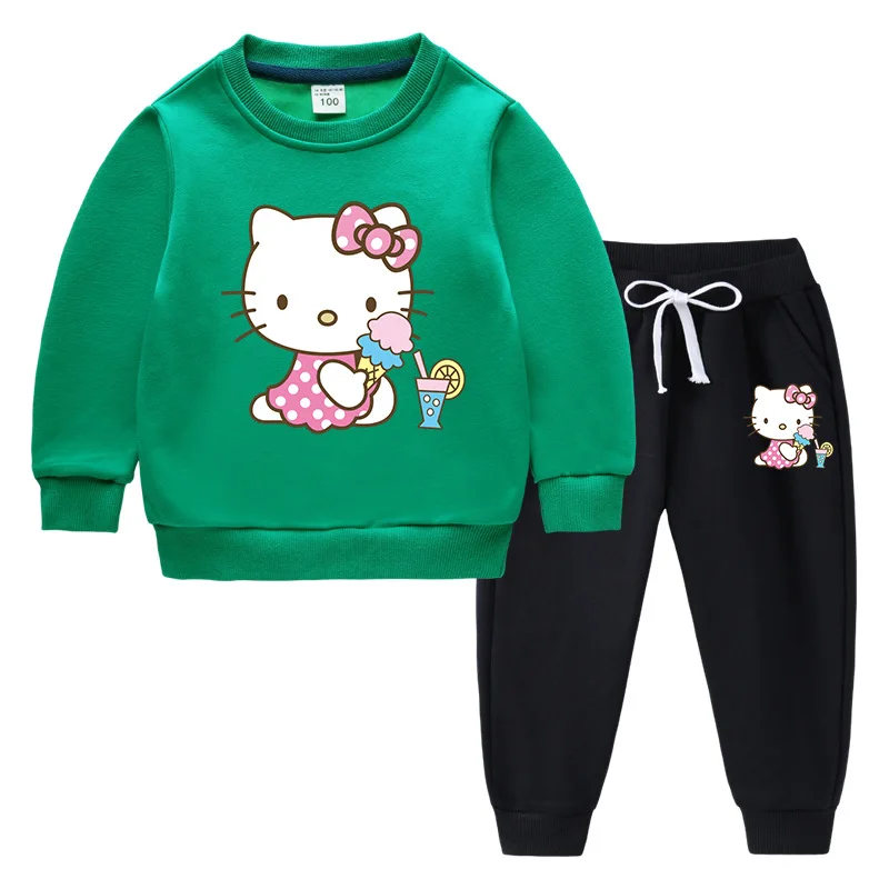 thumbnail image 1 of Hello Kitty estampado de dibujos animados para niños más suéter de terciopelo + pantalones gruesos ropa informal cálida de dos piezas para niños y niñas, 1 of 5
