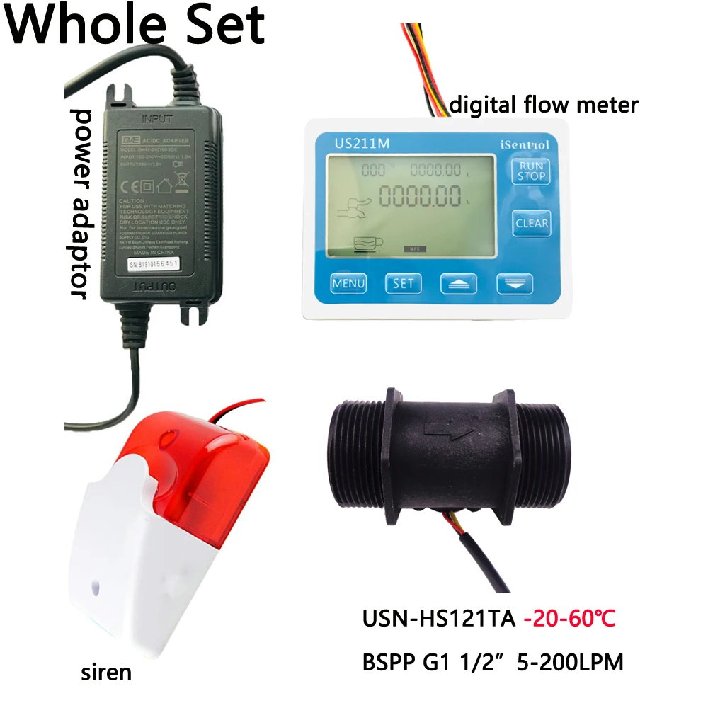 

US211MA Water Flow Meter Totalizer Alarmer and PA66 USN-HS121TA Flow Senor Turbine flowmeter G1-1/2“" BSPP Water Suspend Siren