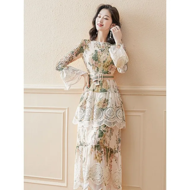 French Floral Dress Spring Dress 2021 New Chiffon High-End Socialite Gentle Slim Adult Lady ol Dresses With Belt 5