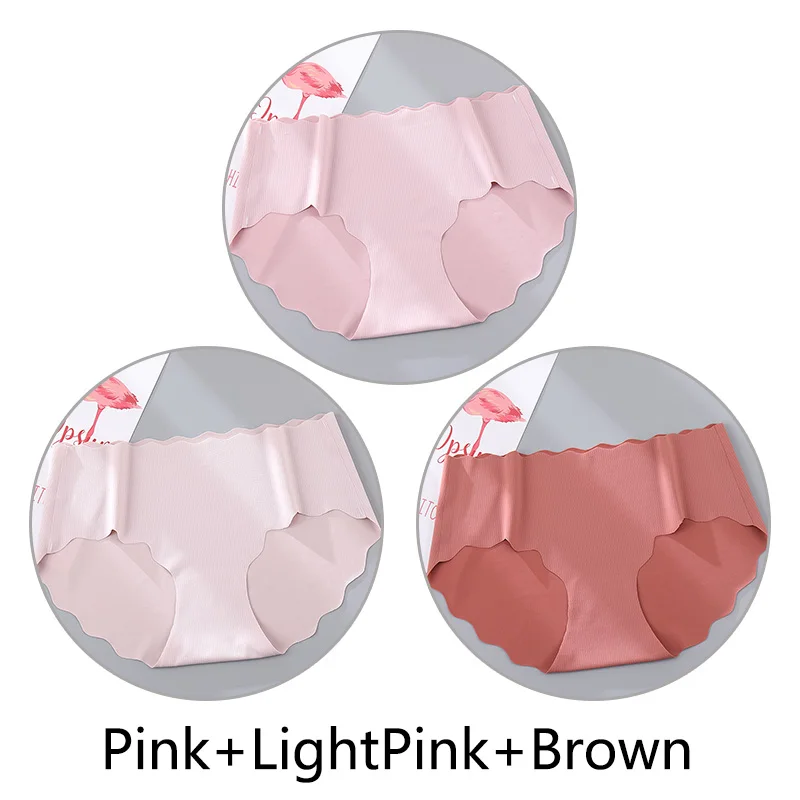 Pink L-Pink Brown 3Pcs Sexy Ruffles Panties Women Soft Seamless Briefs Ice Silk Breathable Underwear Ultra Thin Intimates Lingerie Solid M-XL New - Цвет: Pink L-Pink Brown
