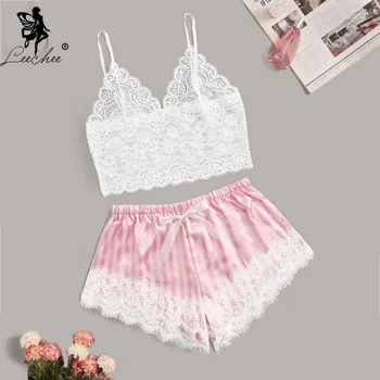 

Leechee Sexy Lingerie pajamas for women home clothes V Neck nightie Lace Cami with Striped Satin Shorts Summer Bow Sleepwear Set
