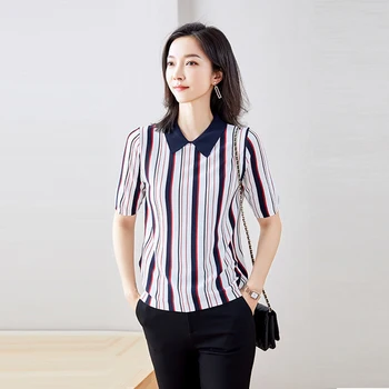 

JoursNeige Knitted Pullovers Women 2020 New Summer Ice Silk Stripped Short Sleeved Jumper Knitwear Thin Sweater