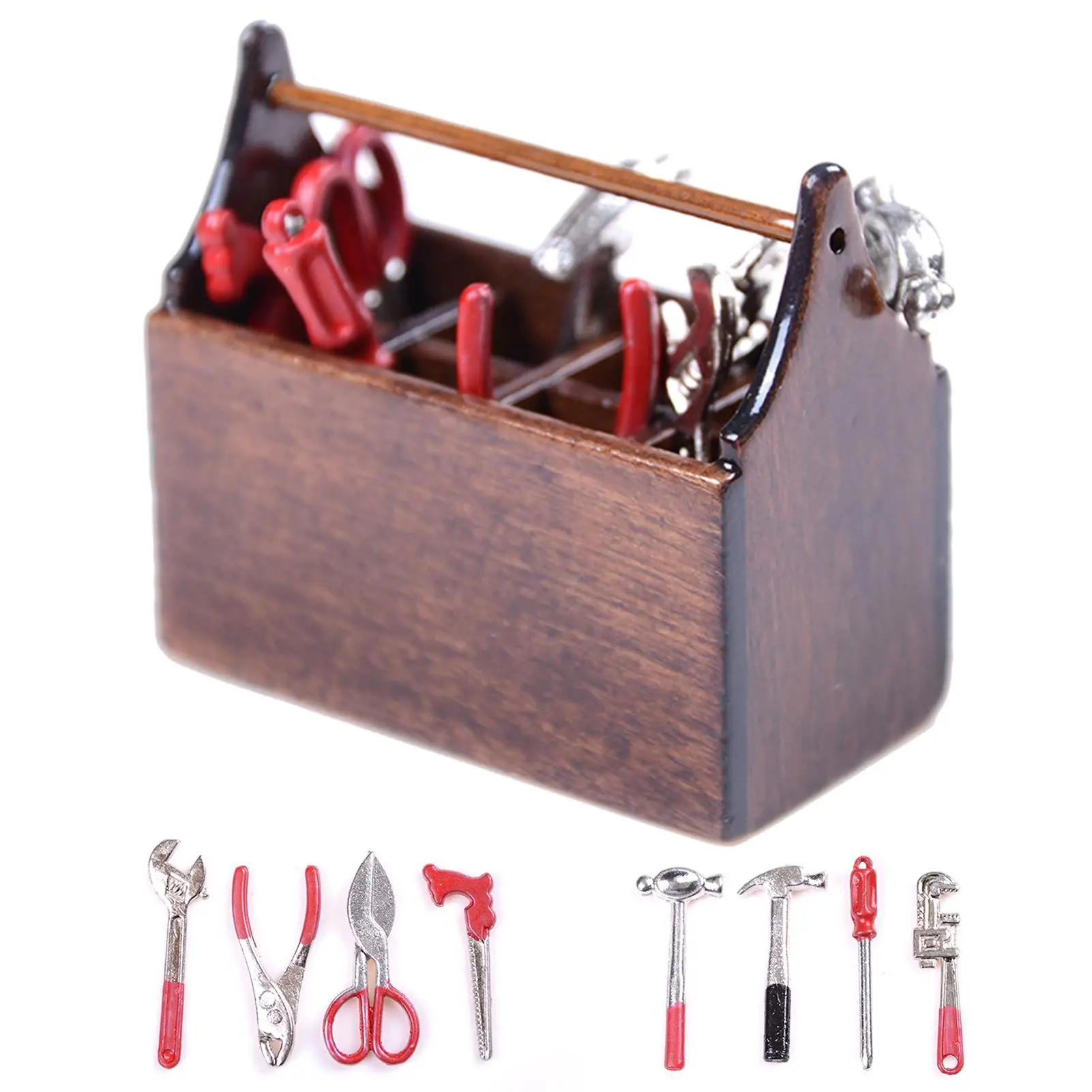 Caja de Herramientas de madera en miniatura para casa de muñecas, kit de reparación para muebles, accesorios para casa de muñecas, 1/12