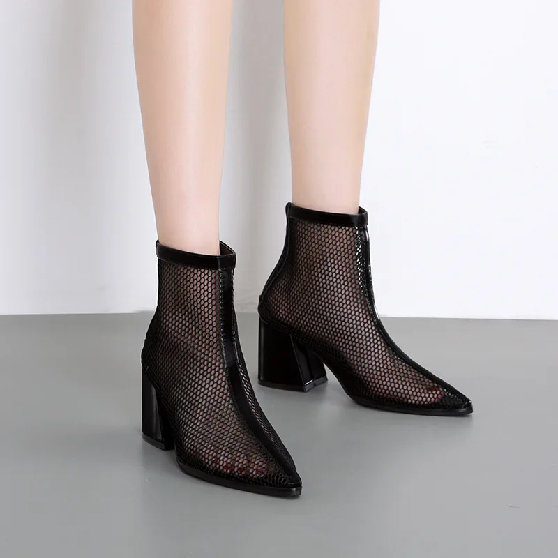 

Azmodo martin boots women's breathable new wild pointed net boots hollow sexy high heel thick heel and calf boots tide boots