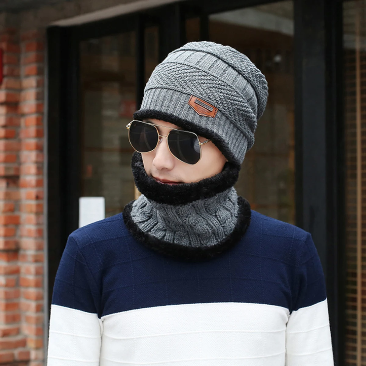Grey Hat Scarf Шапка+ шарф бини шерстяные наушники Акриловые Вязаные Лыжные шапки зимние вязаные теплые солнцезащитные козырьки одежда флисовая шерстяная шапка - Цвет: Grey Hat Scarf