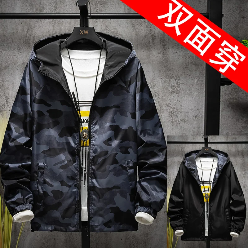 

new Spring Autumn Thin Windbreaker Jacket Mens Wear both sides jacket couple Jacket Coat Young Male Hooded bomber Outwear