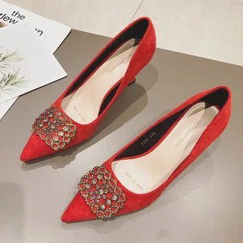 

New 2019 HOT Women Shoes Pointed Toe Pumps Flock Leather Dress High Heels Boat Shoes Woman Wedding Shoes Zapatos Mujer