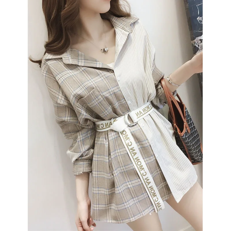 

2018 New Style Stripes Joint Plaid Long-sleeved Shirt Irregular Dress Women's Sense of Design Waist Hugging Scheming Skirt