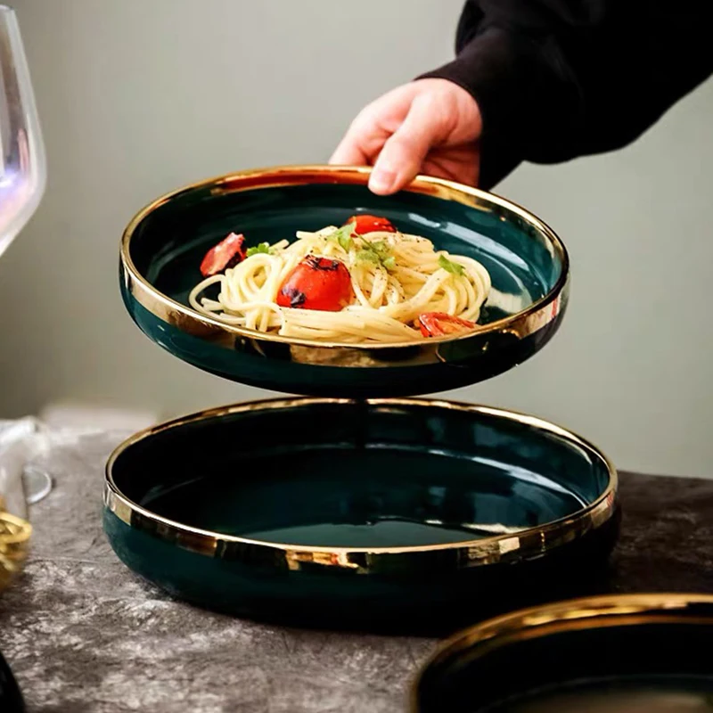 KINGLANG Klin зеленая керамическая золотая инкрустация тарелка для стейка пищевая тарелка Скандинавская посуда миска блюдо высокого класса фарфоровая посуда набор